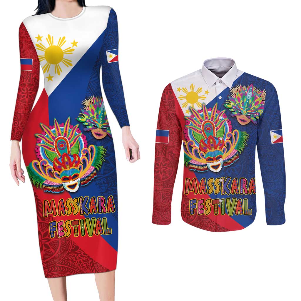 Philippines MassKara Couples Matching Long Sleeve Bodycon Dress and Long Sleeve Button Shirt Filipino Carnival Mask and Polynesian Pattern LT03 Blue - Polynesian Pride