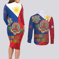 Philippines MassKara Couples Matching Long Sleeve Bodycon Dress and Long Sleeve Button Shirt Filipino Carnival Mask and Polynesian Pattern LT03 - Polynesian Pride