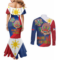 Philippines MassKara Couples Matching Mermaid Dress and Long Sleeve Button Shirt Filipino Carnival Mask and Polynesian Pattern