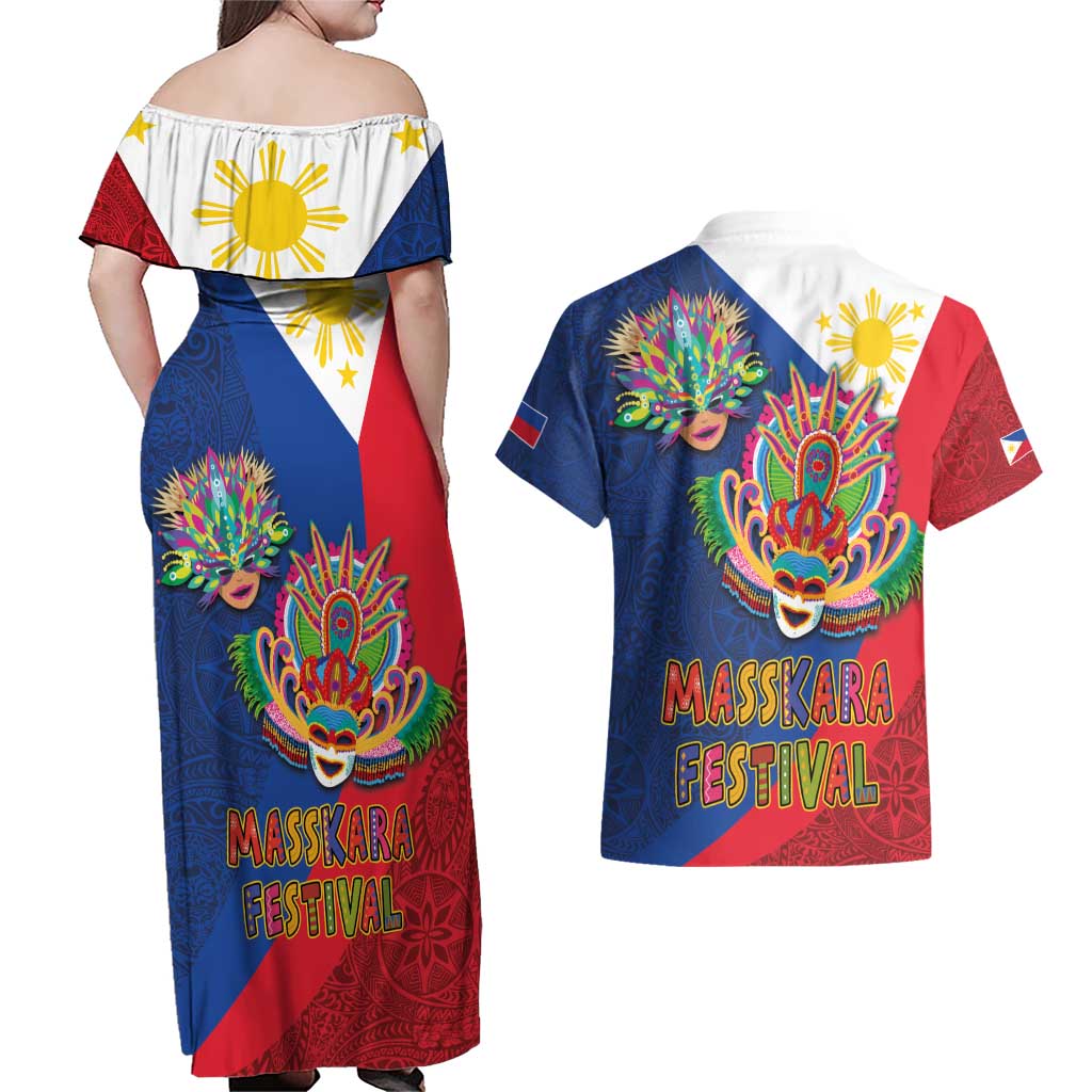 Philippines MassKara Couples Matching Off Shoulder Maxi Dress and Hawaiian Shirt Filipino Carnival Mask and Polynesian Pattern LT03 - Polynesian Pride