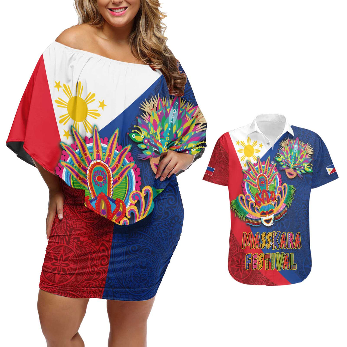 Philippines MassKara Couples Matching Off Shoulder Short Dress and Hawaiian Shirt Filipino Carnival Mask and Polynesian Pattern LT03 Blue - Polynesian Pride