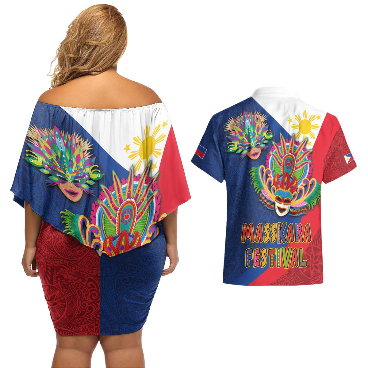 Philippines MassKara Couples Matching Off Shoulder Short Dress and Hawaiian Shirt Filipino Carnival Mask and Polynesian Pattern LT03 - Polynesian Pride