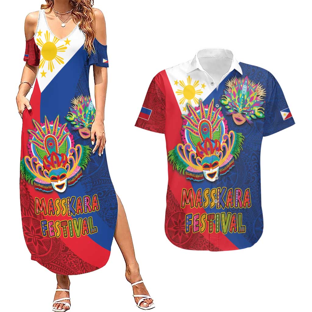 Philippines MassKara Couples Matching Summer Maxi Dress and Hawaiian Shirt Filipino Carnival Mask and Polynesian Pattern LT03 Blue - Polynesian Pride