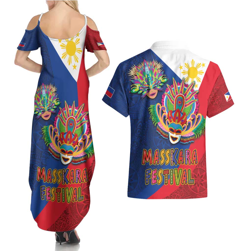 Philippines MassKara Couples Matching Summer Maxi Dress and Hawaiian Shirt Filipino Carnival Mask and Polynesian Pattern LT03 - Polynesian Pride