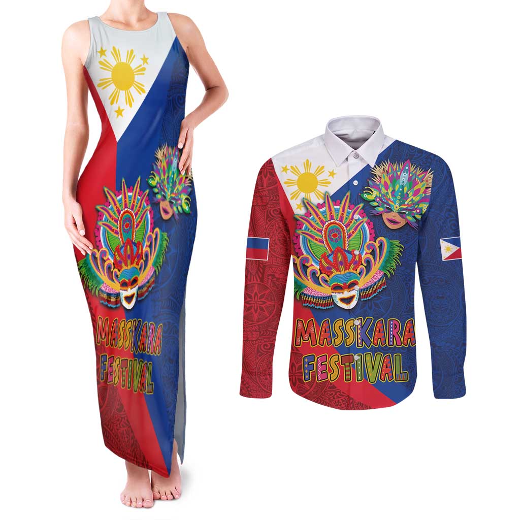 Philippines MassKara Couples Matching Tank Maxi Dress and Long Sleeve Button Shirt Filipino Carnival Mask and Polynesian Pattern