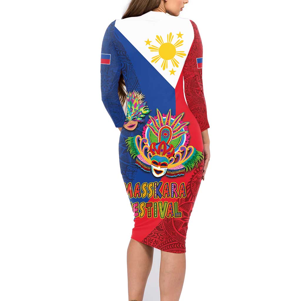 Philippines MassKara Family Matching Long Sleeve Bodycon Dress and Hawaiian Shirt Filipino Carnival Mask and Polynesian Pattern