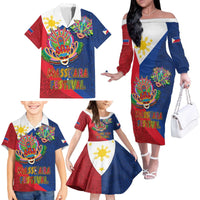Philippines MassKara Family Matching Off The Shoulder Long Sleeve Dress and Hawaiian Shirt Filipino Carnival Mask and Polynesian Pattern