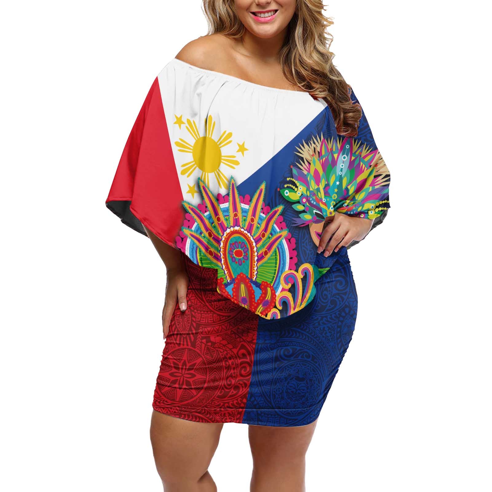 Philippines MassKara Off Shoulder Short Dress Filipino Carnival Mask and Polynesian Pattern