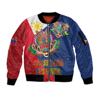 Philippines MassKara Sleeve Zip Bomber Jacket Filipino Carnival Mask and Polynesian Pattern