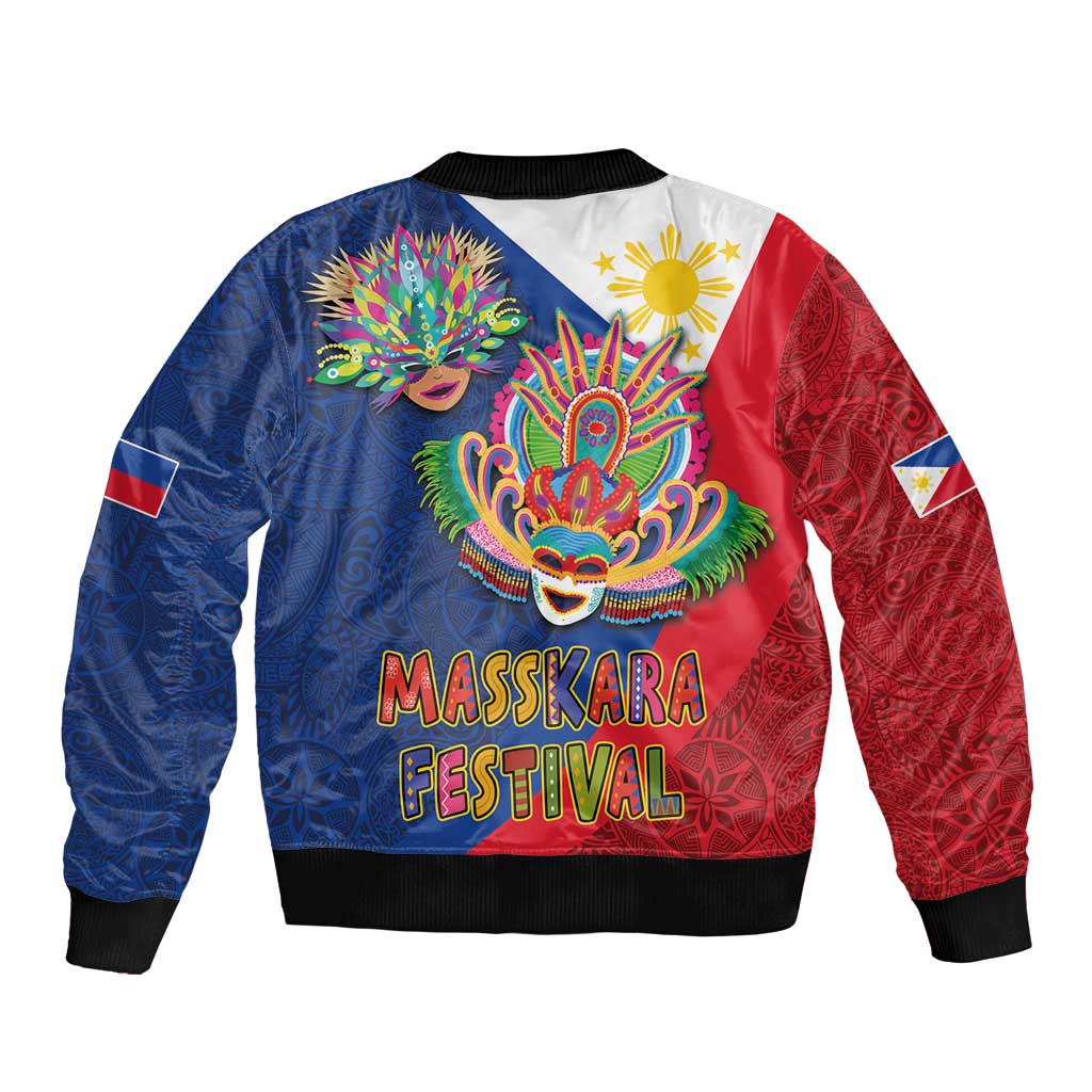 Philippines MassKara Sleeve Zip Bomber Jacket Filipino Carnival Mask and Polynesian Pattern