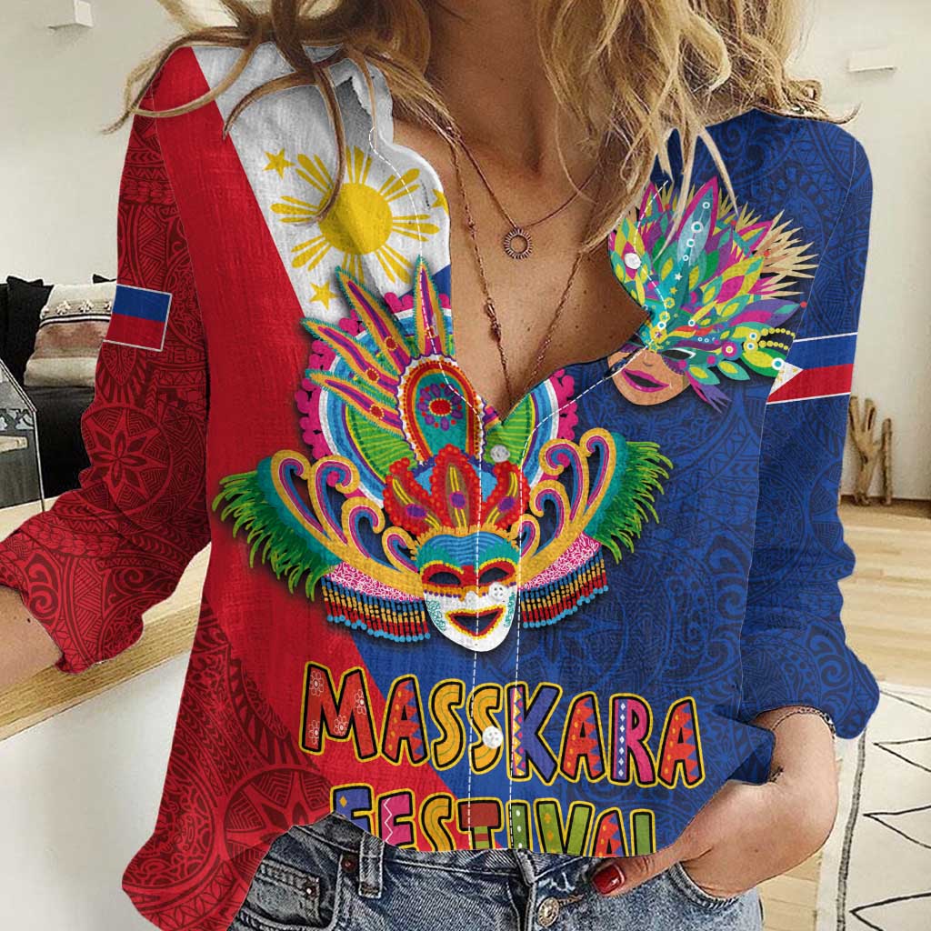 Philippines MassKara Women Casual Shirt Filipino Carnival Mask and Polynesian Pattern