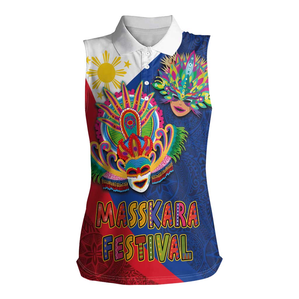 Philippines MassKara Women Sleeveless Polo Shirt Filipino Carnival Mask and Polynesian Pattern