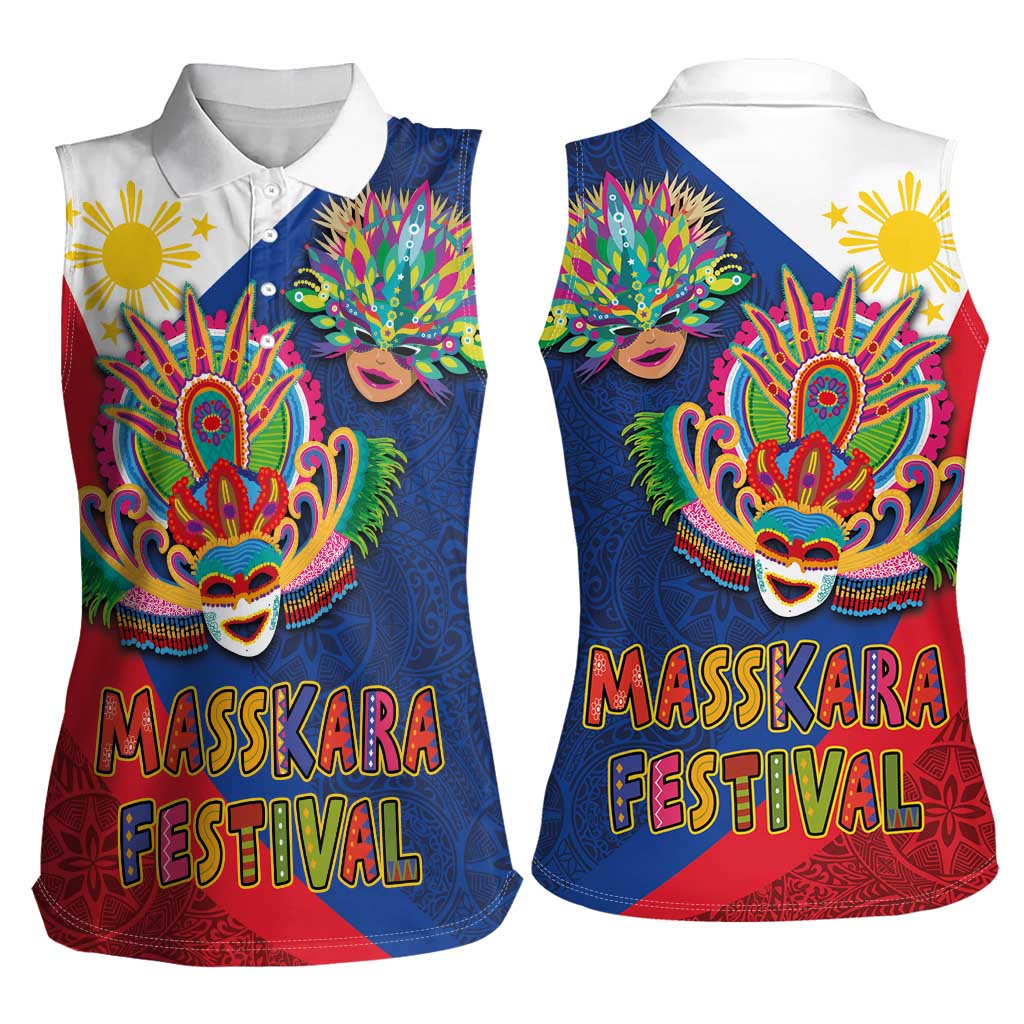Philippines MassKara Women Sleeveless Polo Shirt Filipino Carnival Mask and Polynesian Pattern