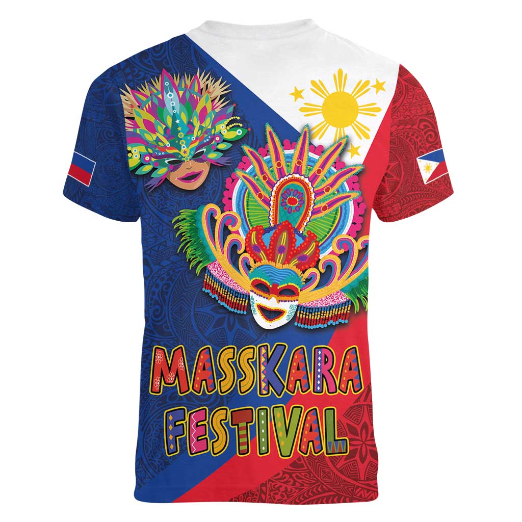 Philippines MassKara Women V-Neck T-Shirt Filipino Carnival Mask and Polynesian Pattern
