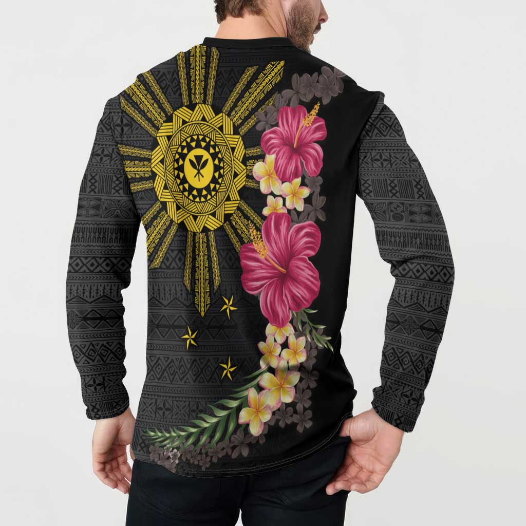 Hawaii and Philippines Together Button Sweatshirt Hibiscus Flower and Sun Badge Polynesian Pattern Coloful