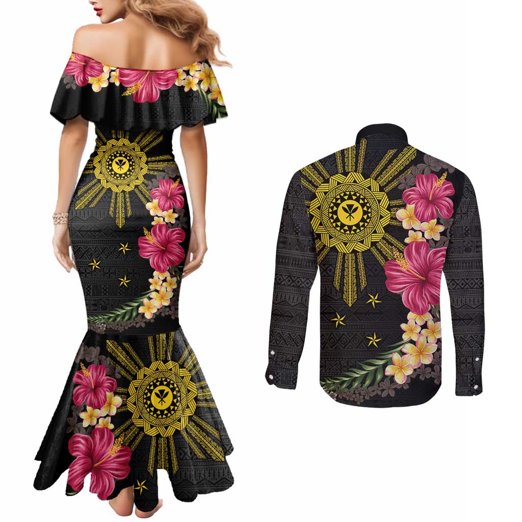Hawaii and Philippines Together Couples Matching Mermaid Dress and Long Sleeve Button Shirt Hibiscus Flower and Sun Badge Polynesian Pattern Coloful