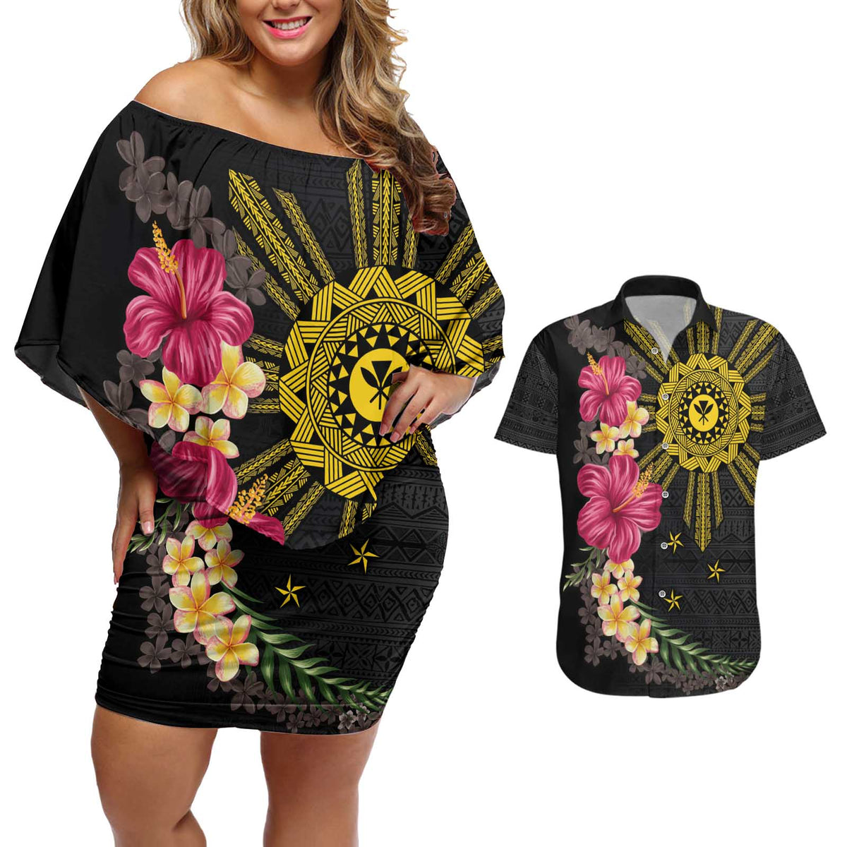 Hawaii and Philippines Together Couples Matching Off Shoulder Short Dress and Hawaiian Shirt Hibiscus Flower and Sun Badge Polynesian Pattern Coloful LT03 Black - Polynesian Pride