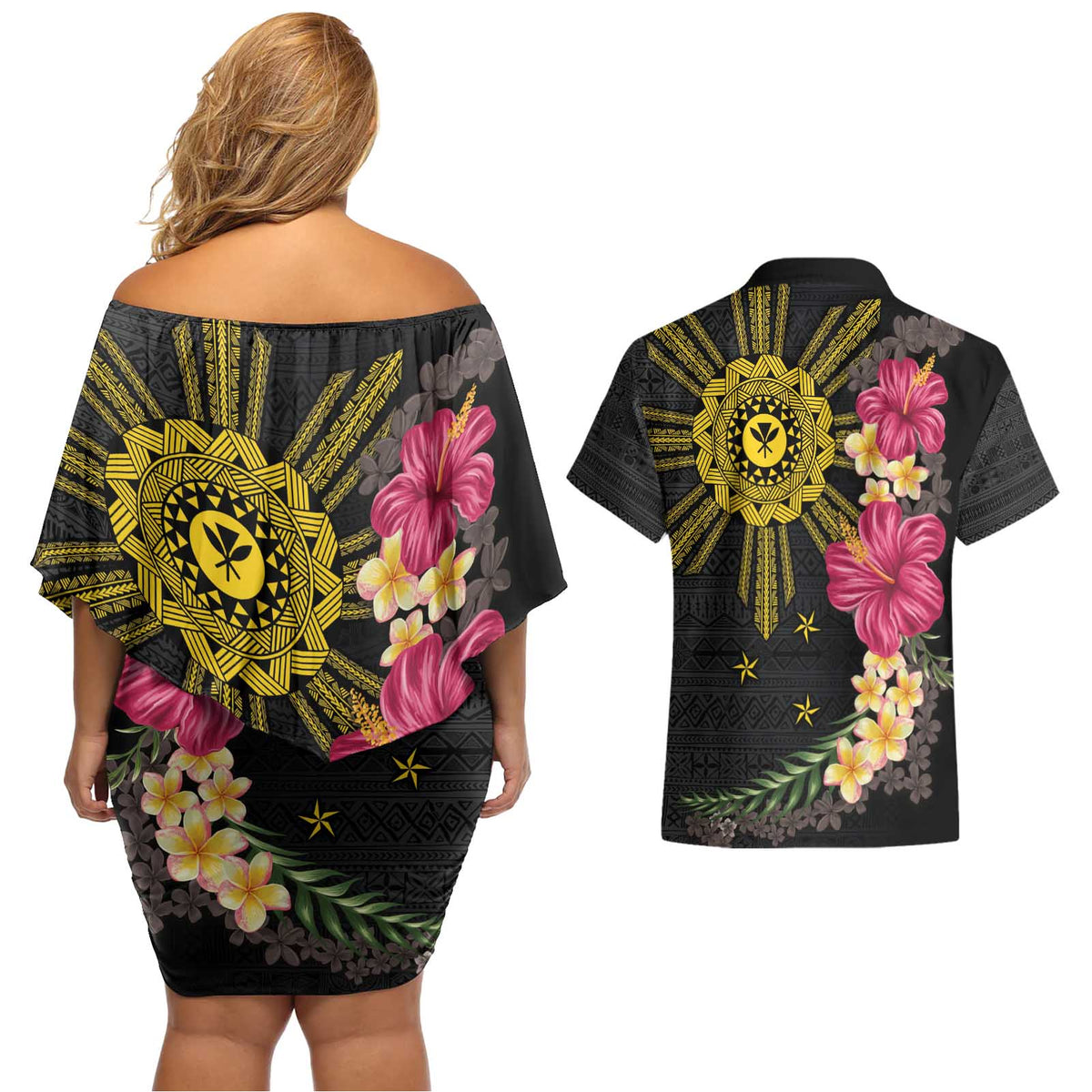 Hawaii and Philippines Together Couples Matching Off Shoulder Short Dress and Hawaiian Shirt Hibiscus Flower and Sun Badge Polynesian Pattern Coloful LT03 - Polynesian Pride