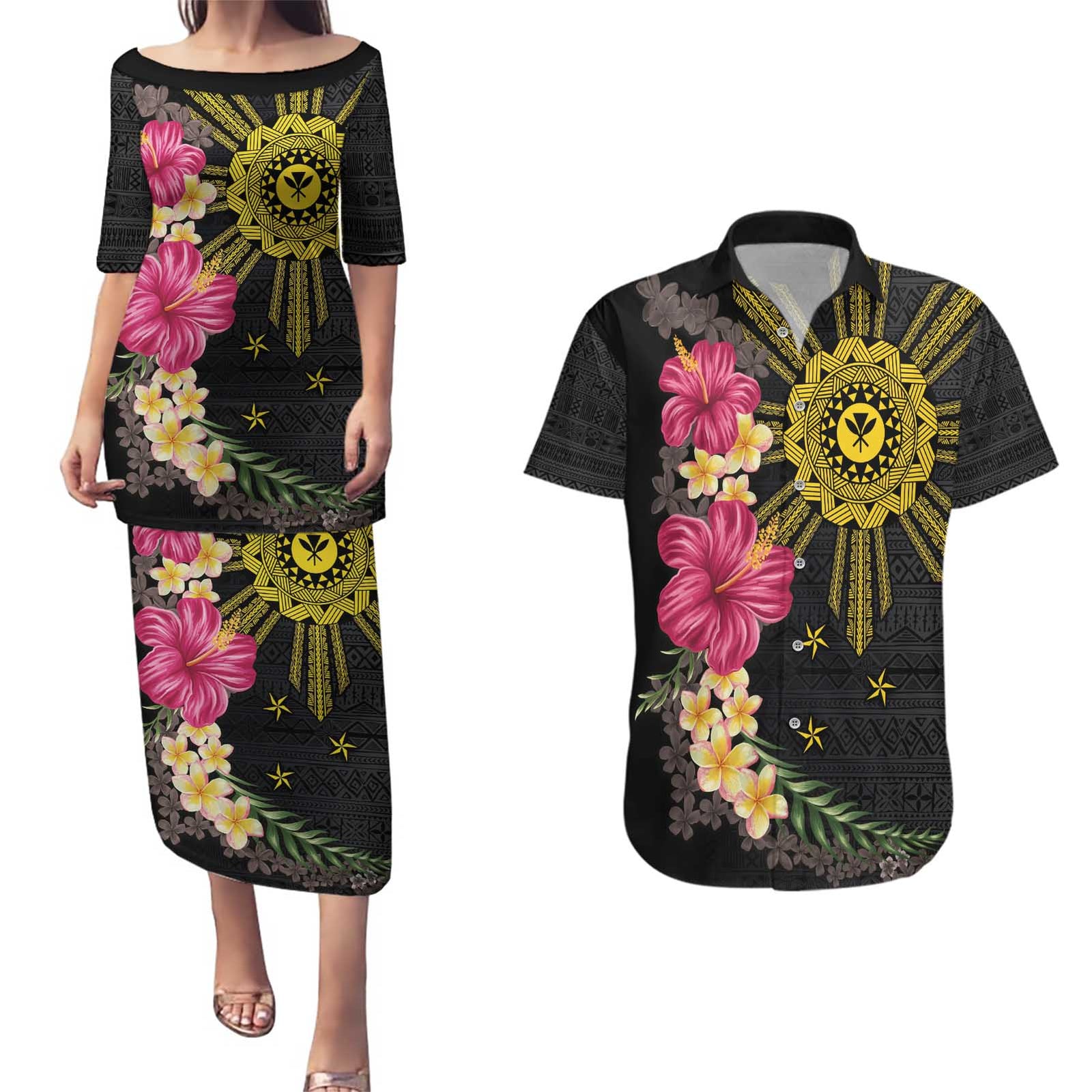 Hawaii and Philippines Together Couples Matching Puletasi and Hawaiian Shirt Hibiscus Flower and Sun Badge Polynesian Pattern Coloful