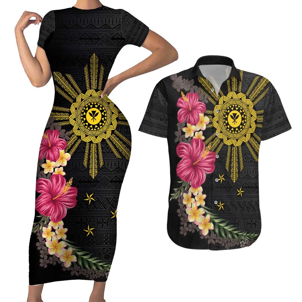 Hawaii and Philippines Together Couples Matching Short Sleeve Bodycon Dress and Hawaiian Shirt Hibiscus Flower and Sun Badge Polynesian Pattern Coloful