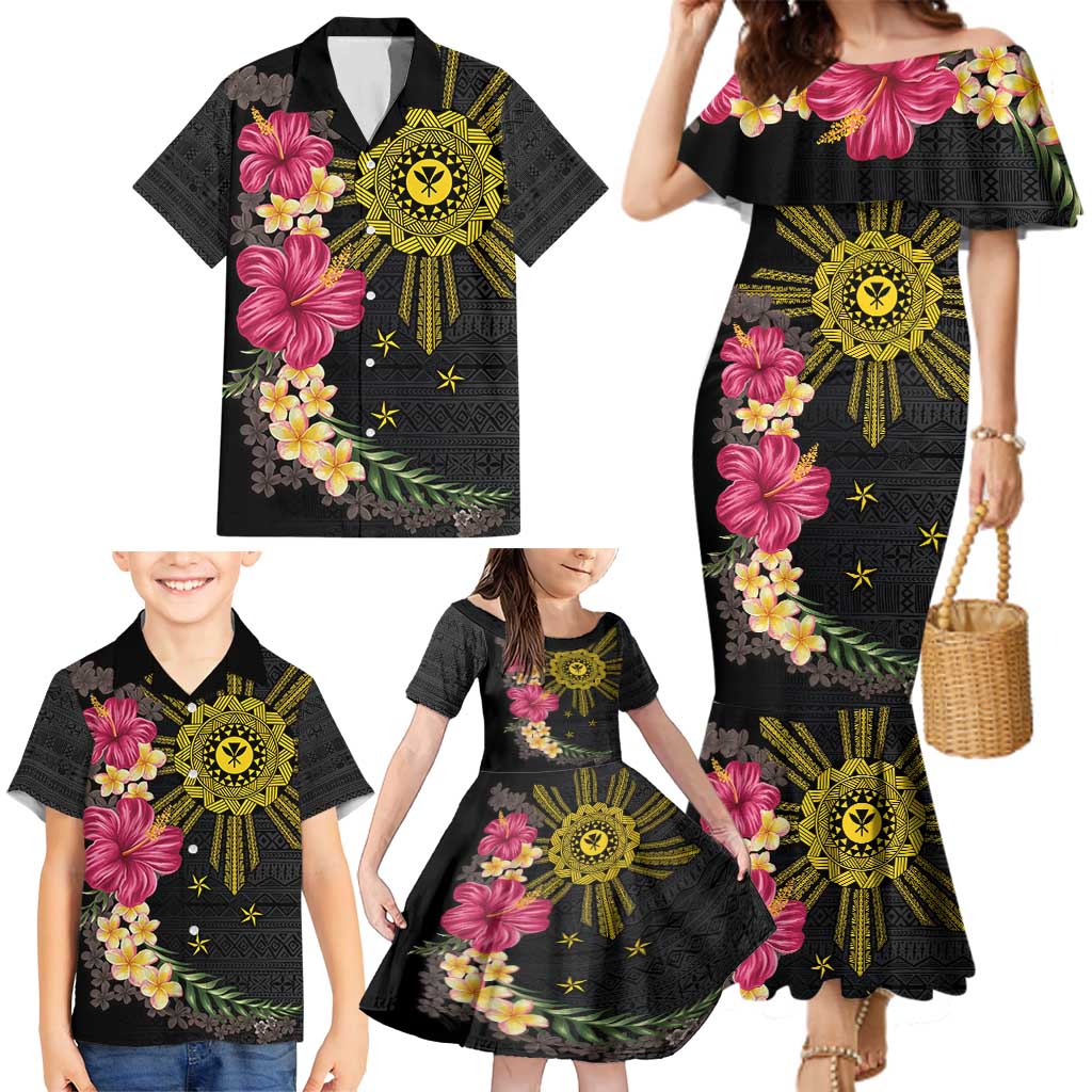 Hawaii and Philippines Together Family Matching Mermaid Dress and Hawaiian Shirt Hibiscus Flower and Sun Badge Polynesian Pattern Coloful