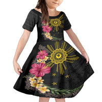Hawaii and Philippines Together Family Matching Off The Shoulder Long Sleeve Dress and Hawaiian Shirt Hibiscus Flower and Sun Badge Polynesian Pattern Coloful