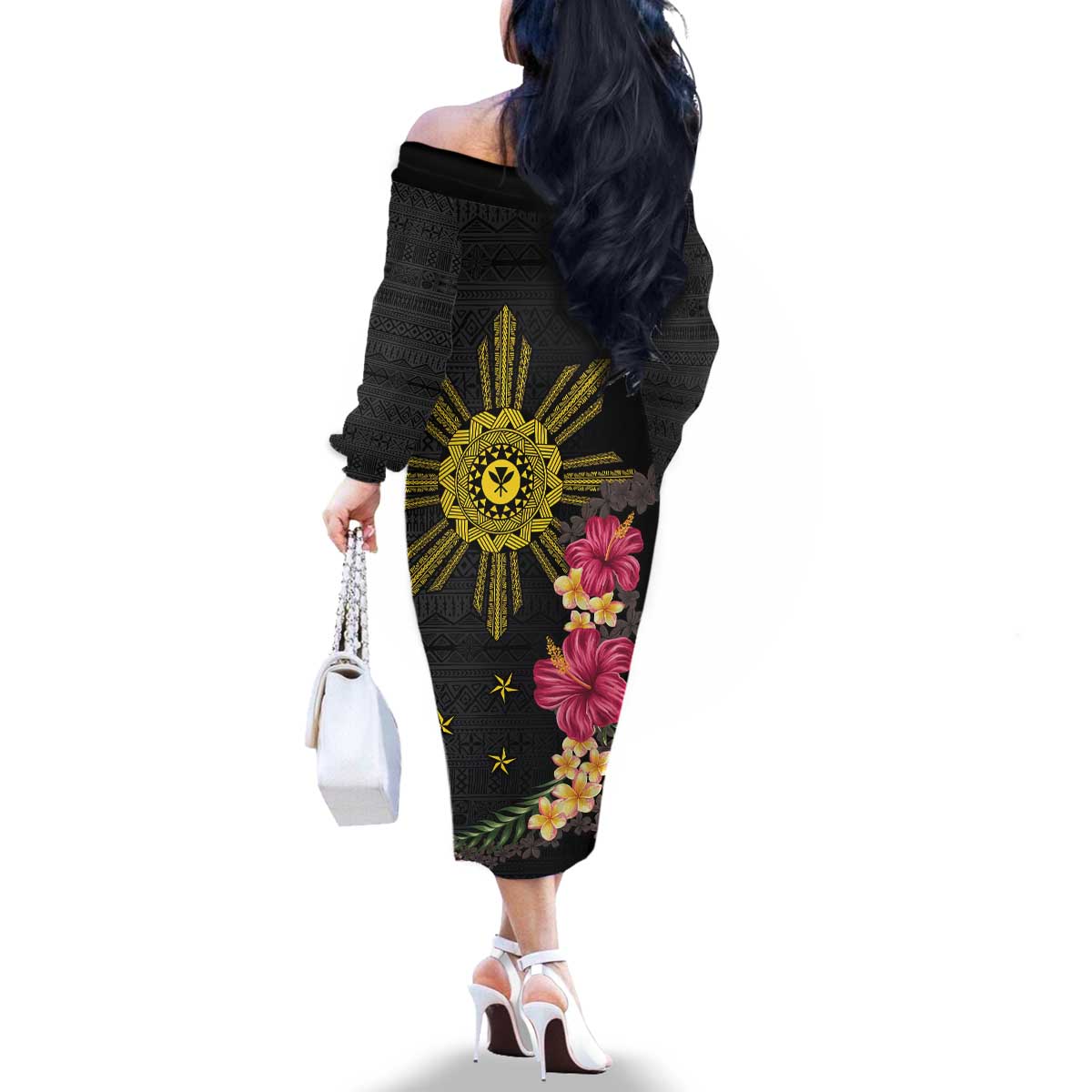 Hawaii and Philippines Together Family Matching Off The Shoulder Long Sleeve Dress and Hawaiian Shirt Hibiscus Flower and Sun Badge Polynesian Pattern Coloful
