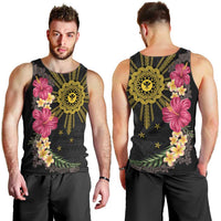 Hawaii and Philippines Together Men Tank Top Hibiscus Flower and Sun Badge Polynesian Pattern Coloful