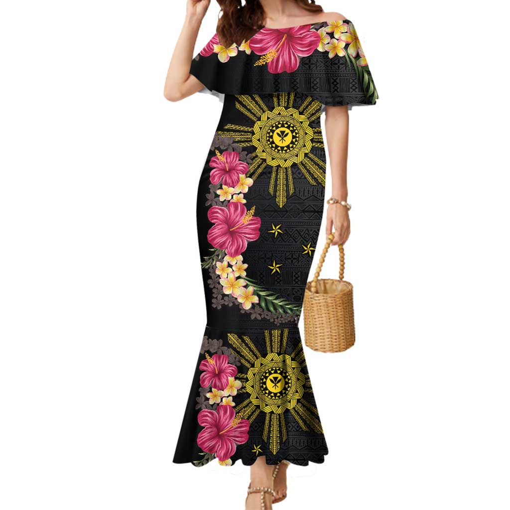 Hawaii and Philippines Together Mermaid Dress Hibiscus Flower and Sun Badge Polynesian Pattern Coloful