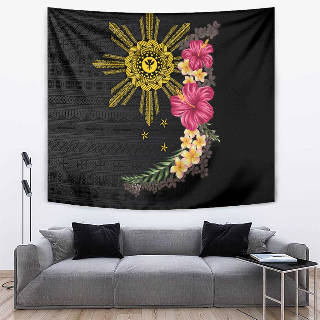 Hawaii and Philippines Together Tapestry Hibiscus Flower and Sun Badge Polynesian Pattern Coloful