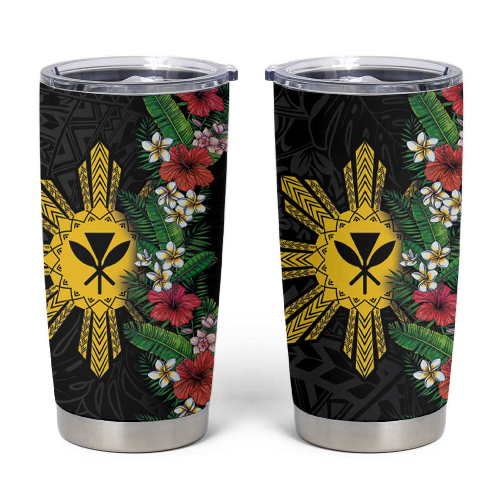 Hawaii and Philippines Together Tumbler Cup Hibiscus Flower and Sun Badge Polynesian Pattern Coloful