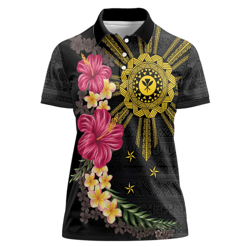 Hawaii and Philippines Together Women Polo Shirt Hibiscus Flower and Sun Badge Polynesian Pattern Coloful