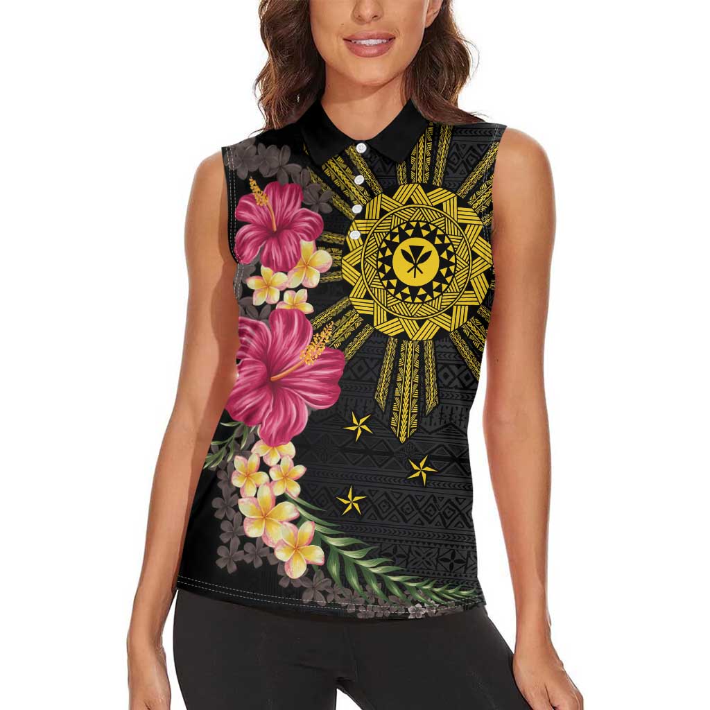 Hawaii and Philippines Together Women Sleeveless Polo Shirt Hibiscus Flower and Sun Badge Polynesian Pattern Coloful