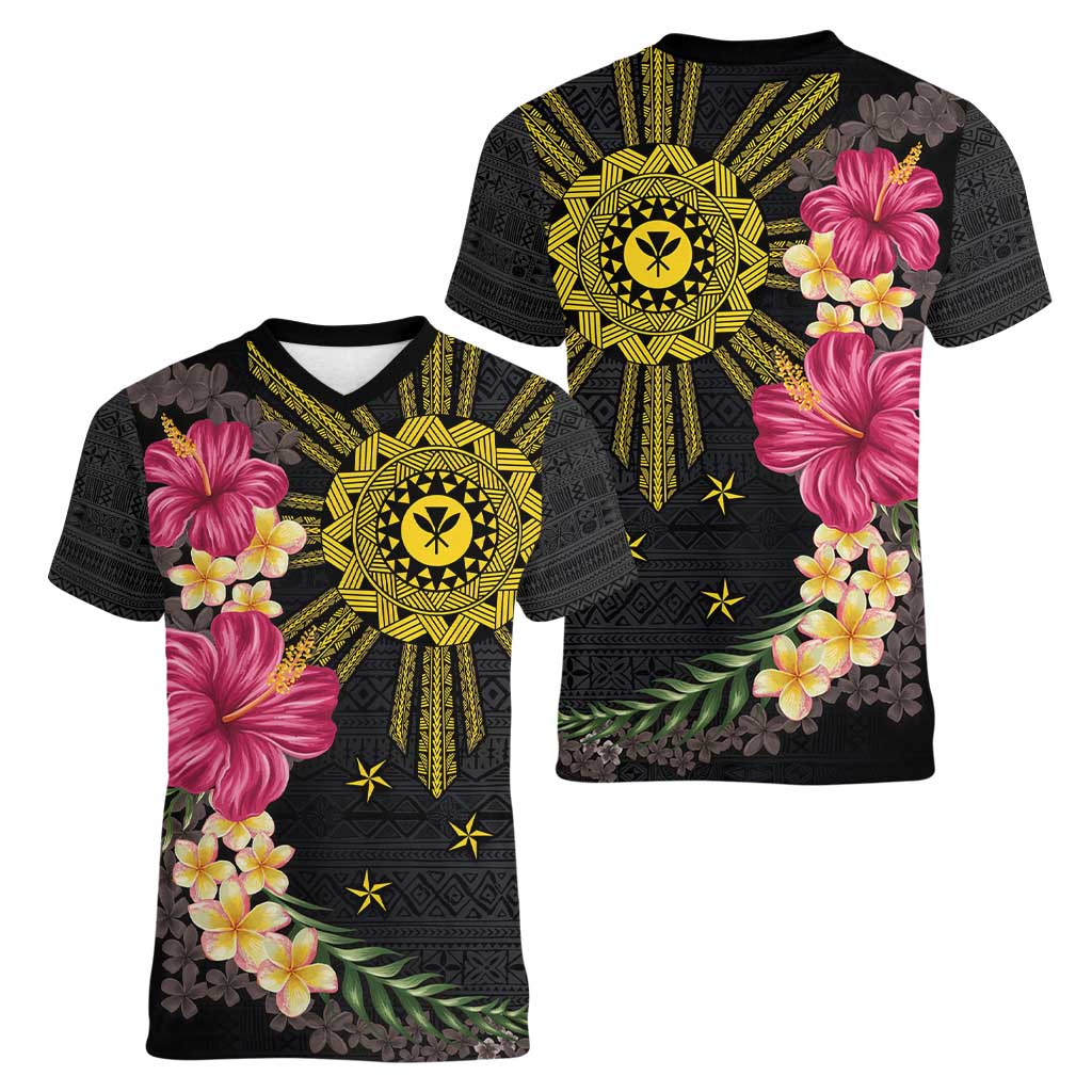 Hawaii and Philippines Together Women V-Neck T-Shirt Hibiscus Flower and Sun Badge Polynesian Pattern Coloful