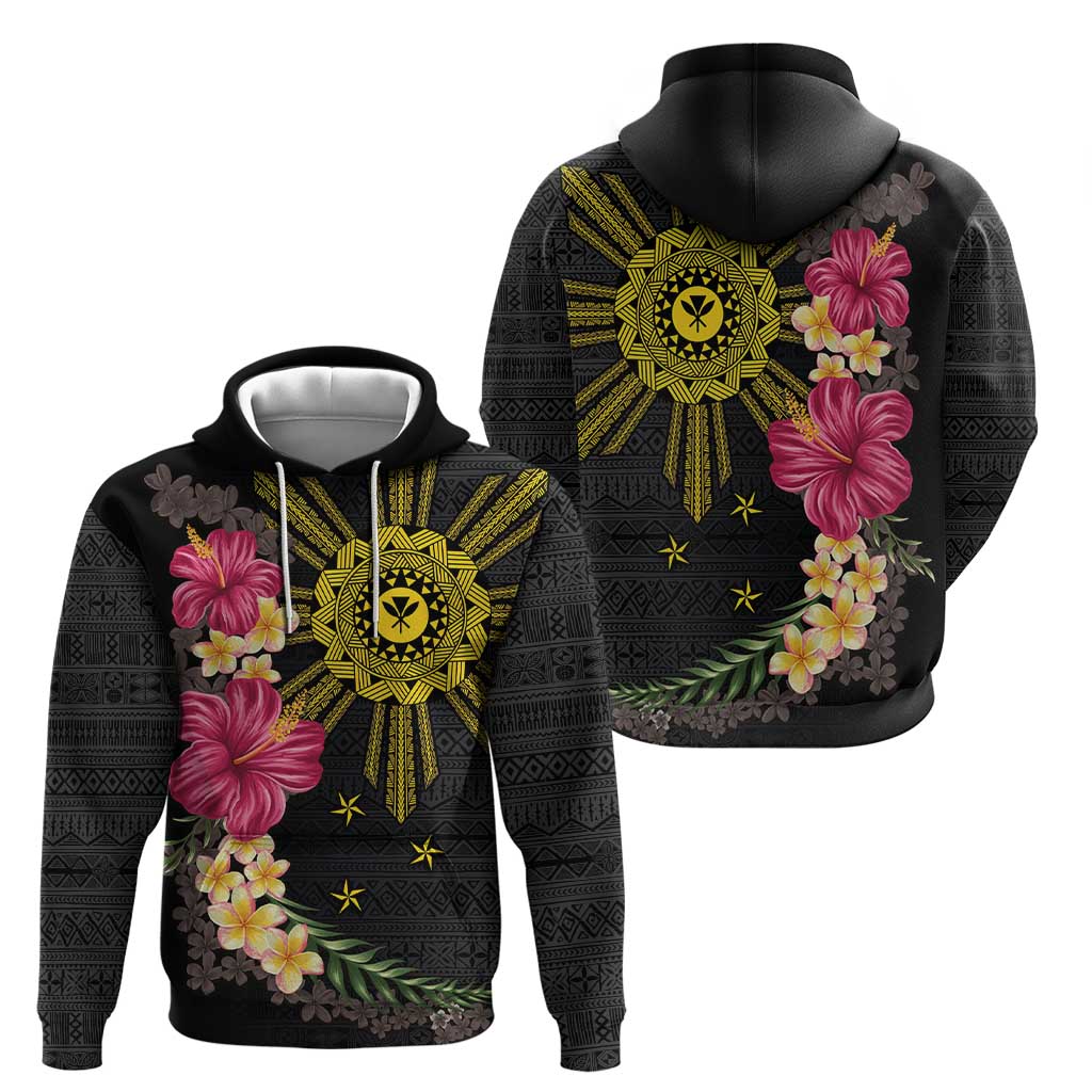 Hawaii and Philippines Together Zip Hoodie Hibiscus Flower and Sun Badge Polynesian Pattern Coloful