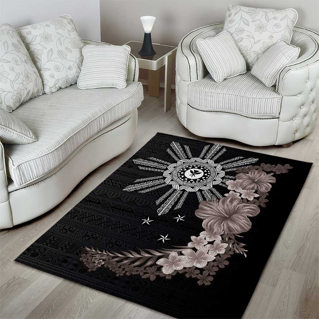Hawaii and Philippines Together Area Rug Hibiscus Flower and Sun Badge Polynesian Pattern Grayscale