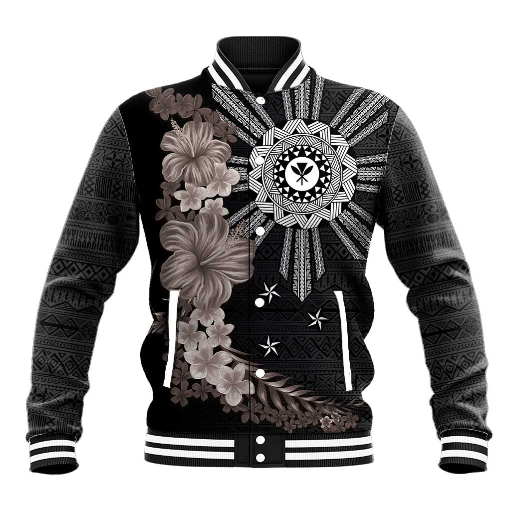 Hawaii and Philippines Together Baseball Jacket Hibiscus Flower and Sun Badge Polynesian Pattern Grayscale