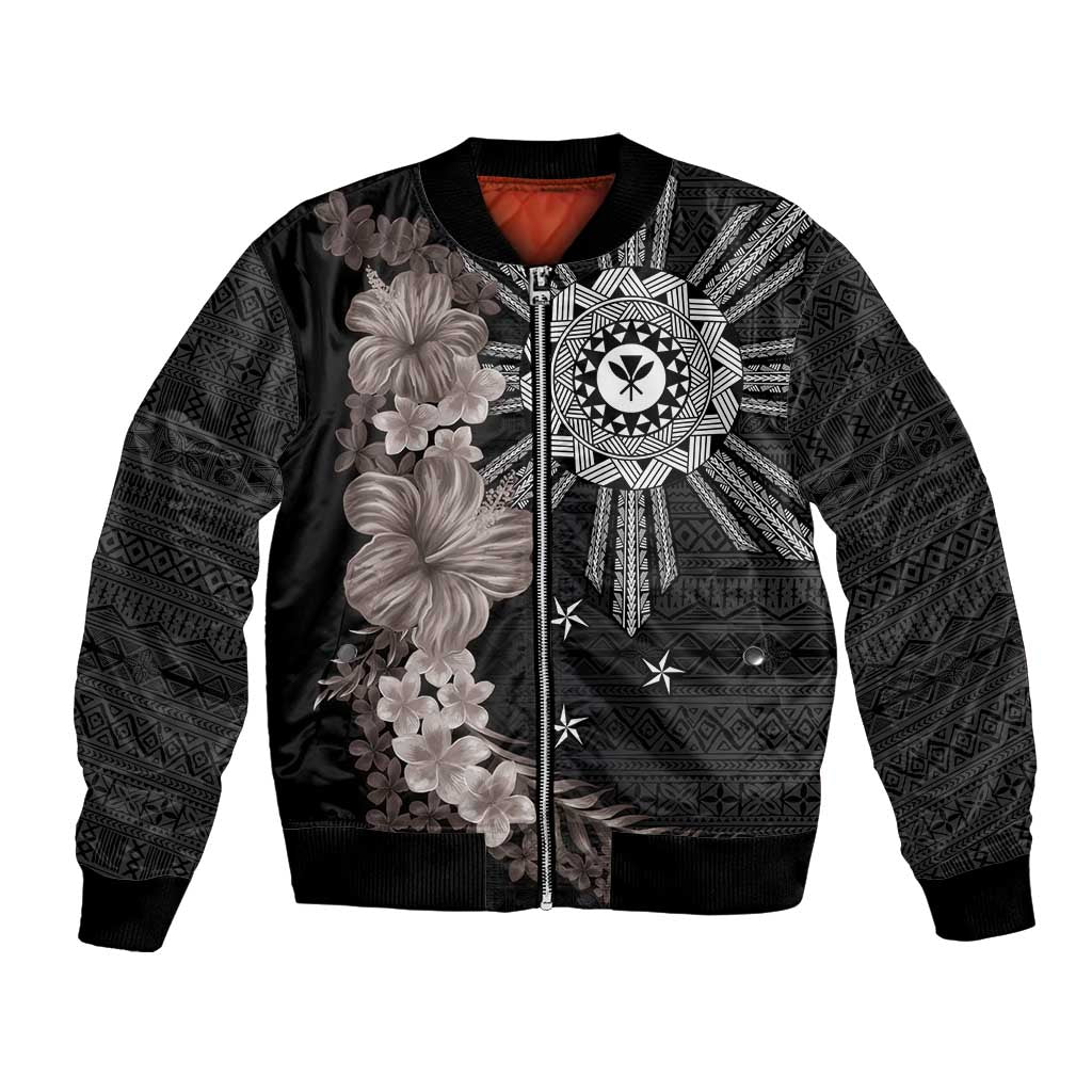 Hawaii and Philippines Together Bomber Jacket Hibiscus Flower and Sun Badge Polynesian Pattern Grayscale