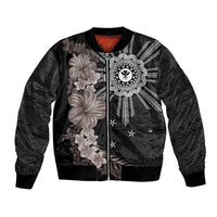 Hawaii and Philippines Together Bomber Jacket Hibiscus Flower and Sun Badge Polynesian Pattern Grayscale