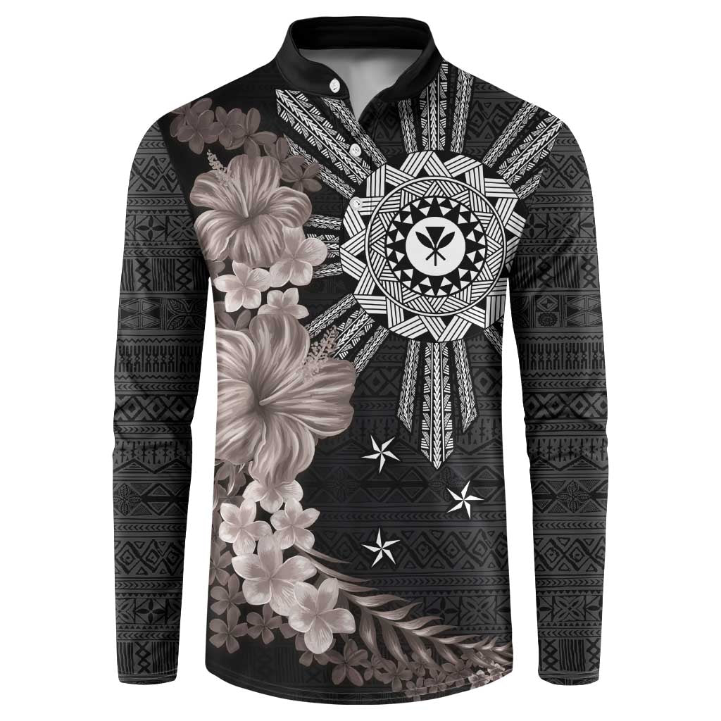 Hawaii and Philippines Together Button Sweatshirt Hibiscus Flower and Sun Badge Polynesian Pattern Grayscale