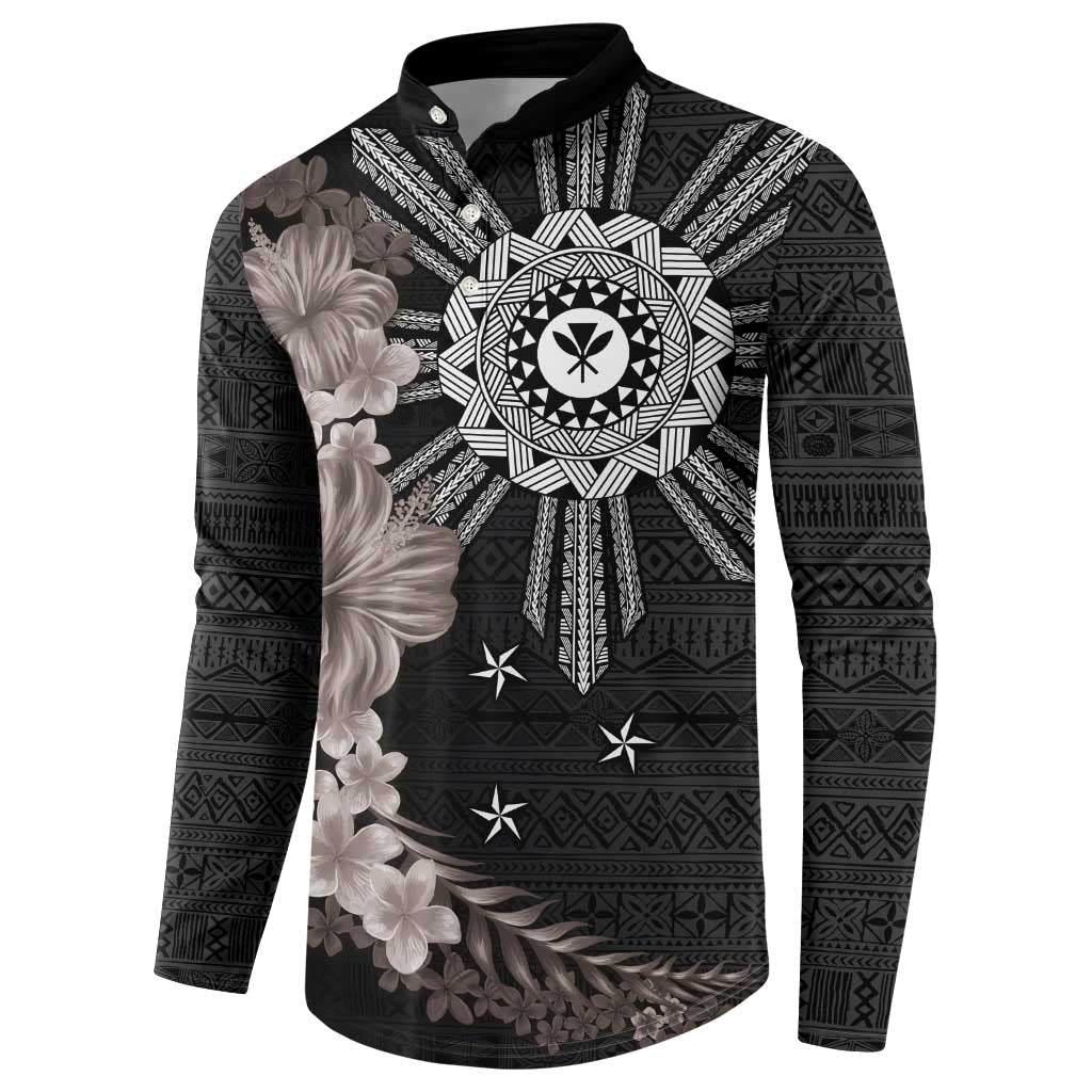 Hawaii and Philippines Together Button Sweatshirt Hibiscus Flower and Sun Badge Polynesian Pattern Grayscale