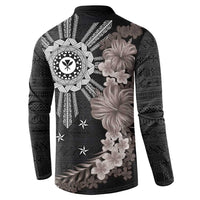 Hawaii and Philippines Together Button Sweatshirt Hibiscus Flower and Sun Badge Polynesian Pattern Grayscale
