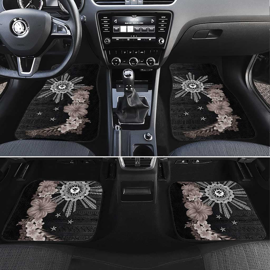 Hawaii and Philippines Together Car Mats Hibiscus Flower and Sun Badge Polynesian Pattern Grayscale