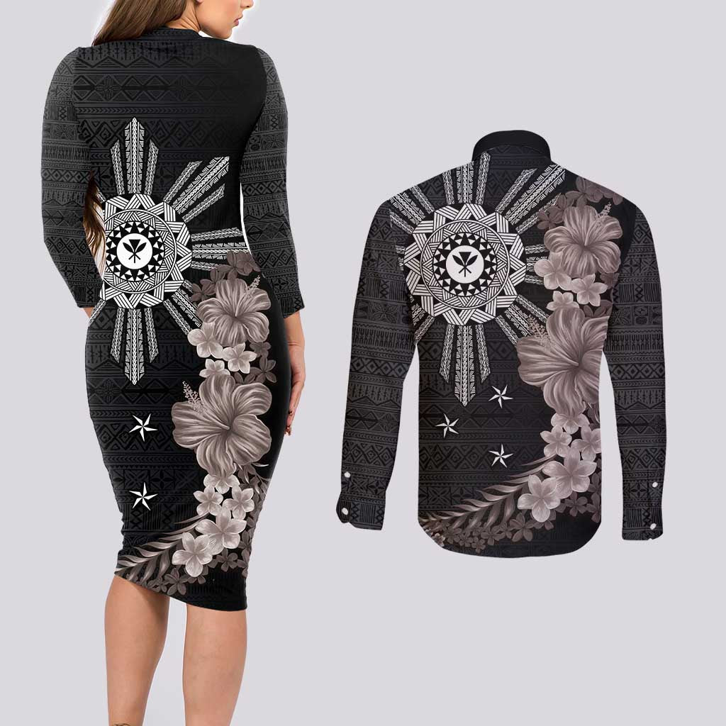 Hawaii and Philippines Together Couples Matching Long Sleeve Bodycon Dress and Long Sleeve Button Shirt Hibiscus Flower and Sun Badge Polynesian Pattern Grayscale