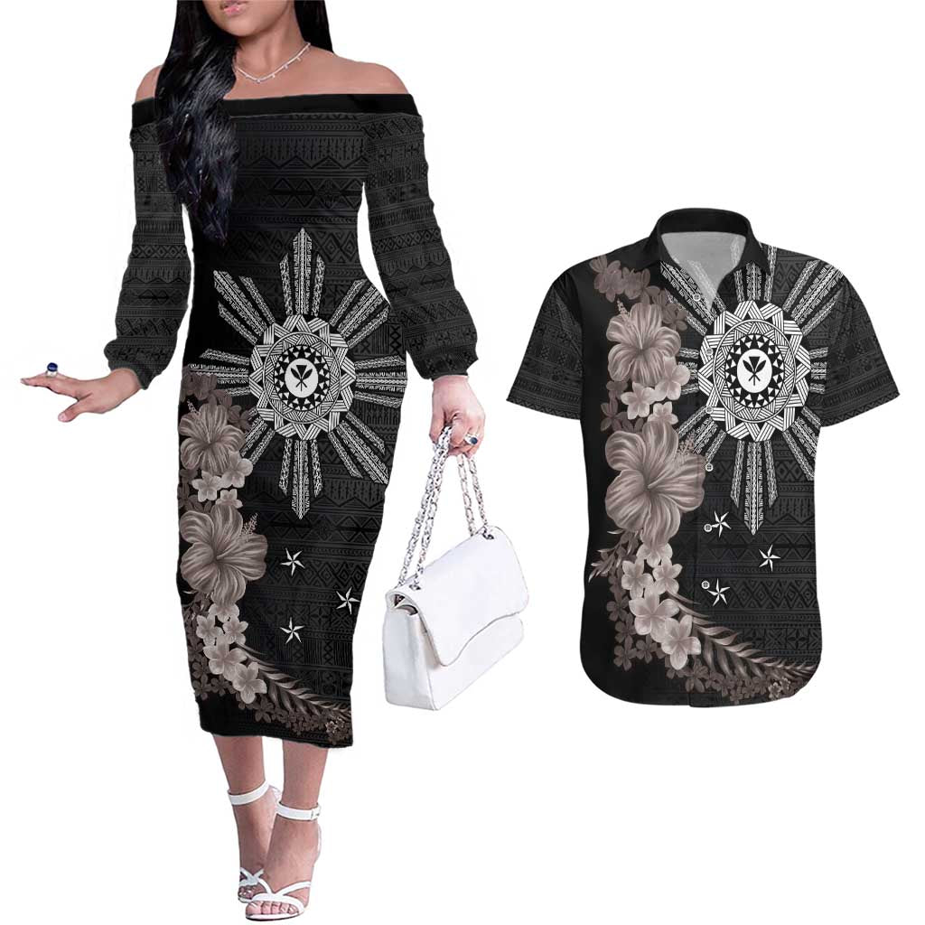 Hawaii and Philippines Together Couples Matching Off The Shoulder Long Sleeve Dress and Hawaiian Shirt Hibiscus Flower and Sun Badge Polynesian Pattern Grayscale