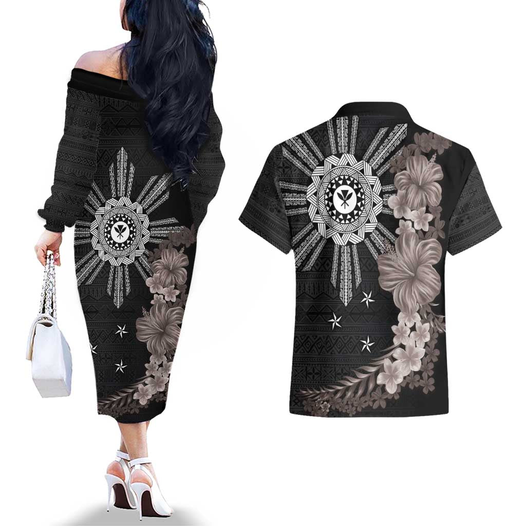 Hawaii and Philippines Together Couples Matching Off The Shoulder Long Sleeve Dress and Hawaiian Shirt Hibiscus Flower and Sun Badge Polynesian Pattern Grayscale