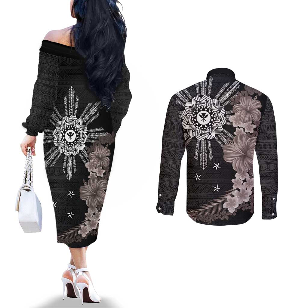 Hawaii and Philippines Together Couples Matching Off The Shoulder Long Sleeve Dress and Long Sleeve Button Shirt Hibiscus Flower and Sun Badge Polynesian Pattern Grayscale