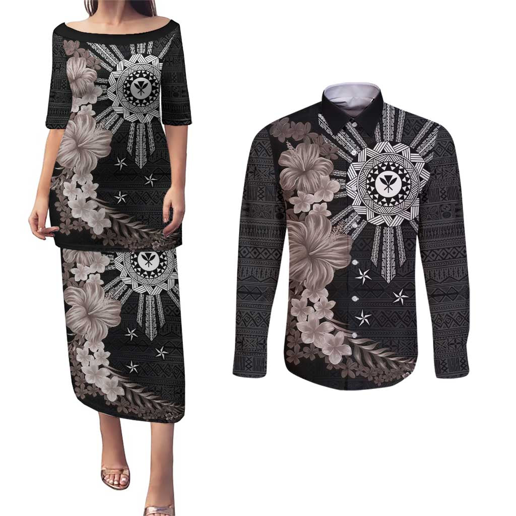 Hawaii and Philippines Together Couples Matching Puletasi and Long Sleeve Button Shirt Hibiscus Flower and Sun Badge Polynesian Pattern Grayscale
