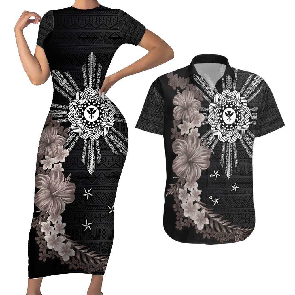 Hawaii and Philippines Together Couples Matching Short Sleeve Bodycon Dress and Hawaiian Shirt Hibiscus Flower and Sun Badge Polynesian Pattern Grayscale