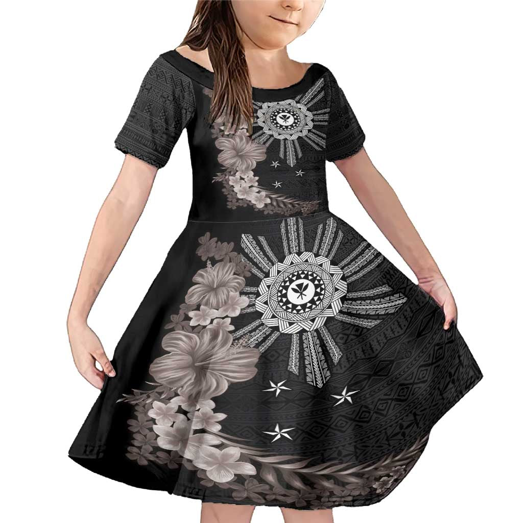 Hawaii and Philippines Together Family Matching Mermaid Dress and Hawaiian Shirt Hibiscus Flower and Sun Badge Polynesian Pattern Grayscale